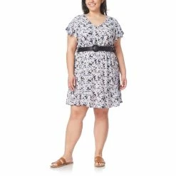 Juniors' Plus Size WallFlower Woven Flutter Sleeve Dress with Belt -Teens shop 5011803 Black Night Floral