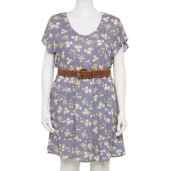 Juniors' Plus Size WallFlower Woven Flutter Sleeve Dress with Belt -Teens shop 5011803 Blue Floral