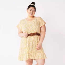 Juniors' Plus Size WallFlower Woven Flutter Sleeve Dress with Belt