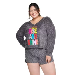 Juniors' Plus Size SO® Boxy Long Sleeve Pajama Top & Pajama Shorts Set -Teens shop 5044485 Gray Heather