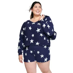 Juniors' Plus Size SO® Boxy Long Sleeve Pajama Top & Pajama Shorts Set -Teens shop 5044485 Navy Star
