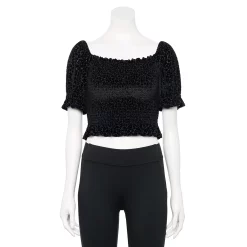 Juniors' Rewind Short Sleeve Shimmer Smocked Velvet Top -Teens shop 5160190 Black