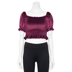 Juniors' Rewind Short Sleeve Shimmer Smocked Velvet Top -Teens shop 5160190 Burgundy Wine