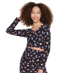 Juniors' Live To Be Spoiled Long Sleeve Knit Top with Cutout -Teens shop 5253979 Black Butterfly