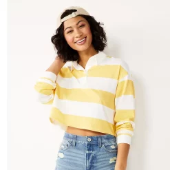 Juniors' SO® Cropped Polo Shirt -Teens shop 5254624 White Yellow Stripe