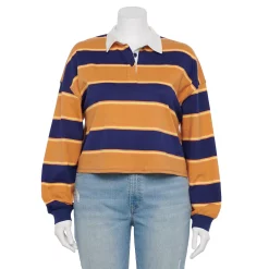 Juniors' Plus Size SO® Cropped Polo Shirt -Teens shop 5254648 Brown Navy Stripe
