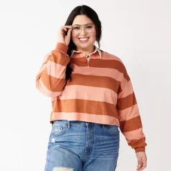 Juniors' Plus Size SO® Cropped Polo Shirt -Teens shop 5254648 Dark Pink Stripe