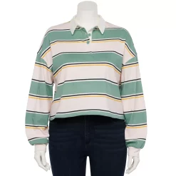 Juniors' Plus Size SO® Cropped Polo Shirt -Teens shop 5254648 Green Pink Stripe