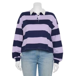 Juniors' Plus Size SO® Cropped Polo Shirt -Teens shop 5254648 Navy Purple Stripe