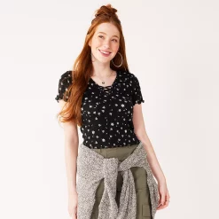 Juniors' SO® Lace Up Front Tee -Teens shop 5270174 Black Floral
