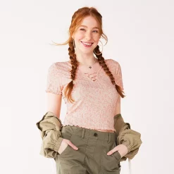 Juniors' SO® Lace Up Front Tee -Teens shop 5270174 Peach Floral