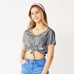 Juniors' SO® Short Sleeve Cinched Front Top -Teens shop 5273329 Black Plaid