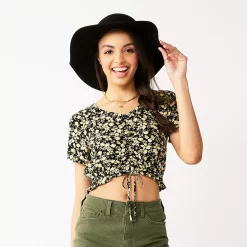 Juniors' SO® Short Sleeve Cinched Front Top -Teens shop 5273329 Black Yellow Sloral