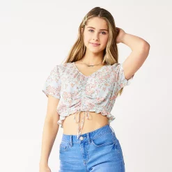 Juniors' SO® Short Sleeve Cinched Front Top -Teens shop 5273329 Teal Pink Floral