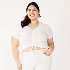Juniors' Plus Size SO® Short Sleeve Cinched Front Top 18 Juniors' Plus Size SO® Short Sleeve Cinched Front Top -Teens shop 5273350 Coconut White