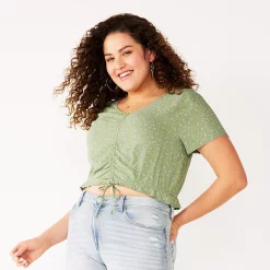 Juniors' Plus Size SO® Short Sleeve Cinched Front Top 15 Juniors' Plus Size SO® Short Sleeve Cinched Front Top -Teens shop 5273350 Green Blue Floral