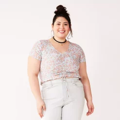 Juniors' Plus Size SO® Short Sleeve Cinched Front Top 16 Juniors' Plus Size SO® Short Sleeve Cinched Front Top -Teens shop 5273350 Teal Pink Floral