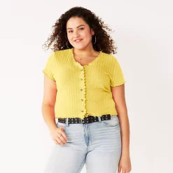 Juniors' Plus Size SO® Short Sleeve Button Front Top -Teens shop 5356574 Butter