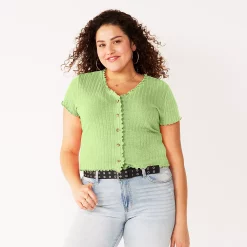Juniors' Plus Size SO® Short Sleeve Button Front Top -Teens shop 5356574 Gabby Green