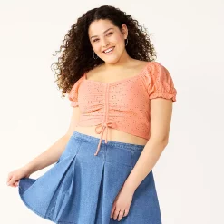 Juniors' Plus Size SO® Cinched Front Puff Sleeve Top -Teens shop 5494752 Carolina Peach