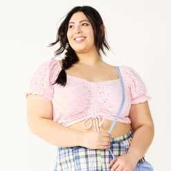 Juniors' Plus Size SO® Cinched Front Puff Sleeve Top -Teens shop 5494752 Jacqueline Pink
