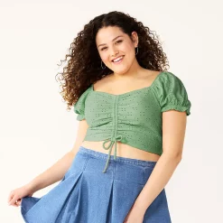 Juniors' Plus Size SO® Cinched Front Puff Sleeve Top -Teens shop 5494752 Unique Green