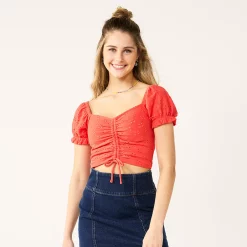 Juniors' SO® Cinch Front Puff Sleeve Top -Teens shop 5494893 Gushng Lava