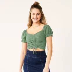 Juniors' SO® Cinch Front Puff Sleeve Top -Teens shop 5494893 Unique Green