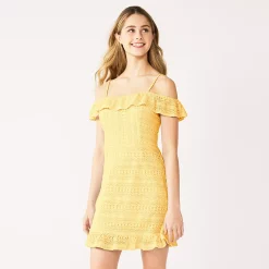 Juniors' Live To Be Spoiled Ruffled Crochet Off-The-Shoulder Skater Dress -Teens shop 5502773 Yellow
