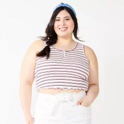 Juniors' Plus Size SO® Henley Tank Top -Teens shop 5510587 White Red Stripe