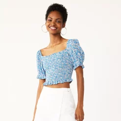 Juniors' SO® Smocked Waist Puff Sleeve Top -Teens shop 5510719 Blue Floral