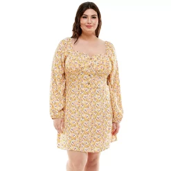 Juniors' Plus Size Lily Rose Bra Cup Seamed Bodice Long Sleeve Skater Dress