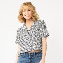 Juniors' SO® Cropped Button-Front Shirt -Teens shop 5536484 Black Daisy Check