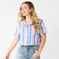 Juniors' SO® Cropped Button-Front Shirt -Teens shop 5536484 Blue Red Stripe