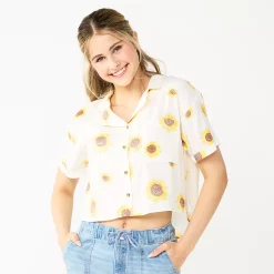 Juniors' SO® Cropped Button-Front Shirt -Teens shop 5536484 White Sunflower