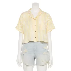Juniors' SO® Cropped Button-Front Shirt -Teens shop 5536484 White Yellow Stripe
