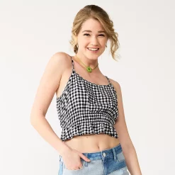 Juniors' SO® Cropped Cinch Waist Tank Top -Teens shop 5548331 Black Gingham Plaid
