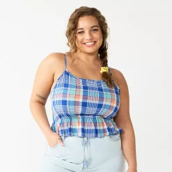 Juniors' Plus Size SO® Cropped Cinch-Waist Tank -Teens shop 5548387 Blue Teal Plaid