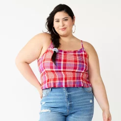 Juniors' Plus Size SO® Cropped Cinch-Waist Tank -Teens shop 5548387 Red Purple Plaid