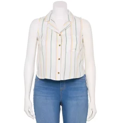 Juniors' Plus Size SO® Cropped Sleeveless Button Down Top -Teens shop 5549541 White Multi Stripe