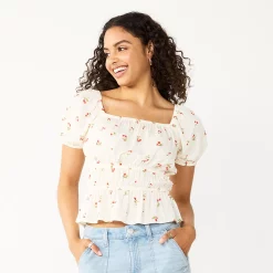 Juniors' SO® Ruffled Double Cinched Waist Top -Teens shop 5551245 Ivory Cherries