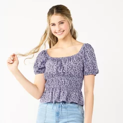 Juniors' SO® Ruffled Double Cinched Waist Top -Teens shop 5551245 Lavendar Floral