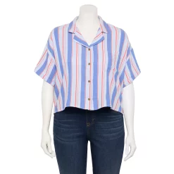 Juniors' Plus Size SO® Cropped Button Down Shirt -Teens shop 5552605 Blue Red Stripe