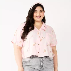 Juniors' Plus Size SO® Cropped Button Down Shirt -Teens shop 5552605 Light Pink Tropical