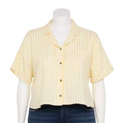 Juniors' Plus Size SO® Cropped Button Down Shirt -Teens shop 5552605 White Yellow Stripe
