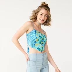 Juniors' SO® Cropped Print Handkerchief Tank -Teens shop 5556601 Blue Check