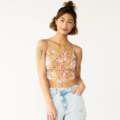 Juniors' SO® Cropped Print Handkerchief Tank -Teens shop 5556601 Yellow Pink Floral