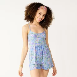 Juniors' SO® Scoopneck Skater Fit Romper 9 Juniors' SO® Scoopneck Skater Fit Romper -Teens shop 5557173 Blue Purple Floral