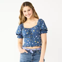 Juniors' SO® Cropped Tie-Front Puff Top -Teens shop 5559527 Navy Floral