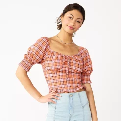 Juniors' SO® Cropped Tie-Front Puff Top -Teens shop 5559527 Papaya Soda Plaid